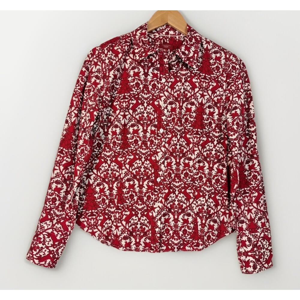 Talbots HABERDASHERY Damask Button Up Shirt Size‎ 12P Red Cotton Blend